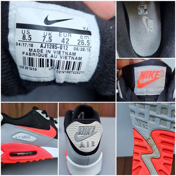 Nike Air Max 90 Essential Sneaker Size 8.5 Wolf Grey Bright Crimson AJ1285-012 - Picture 7 of 13